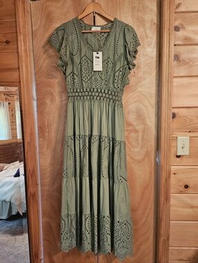 DX Collection - Olive Green Eyelet Midi Dress with Crochet Waist